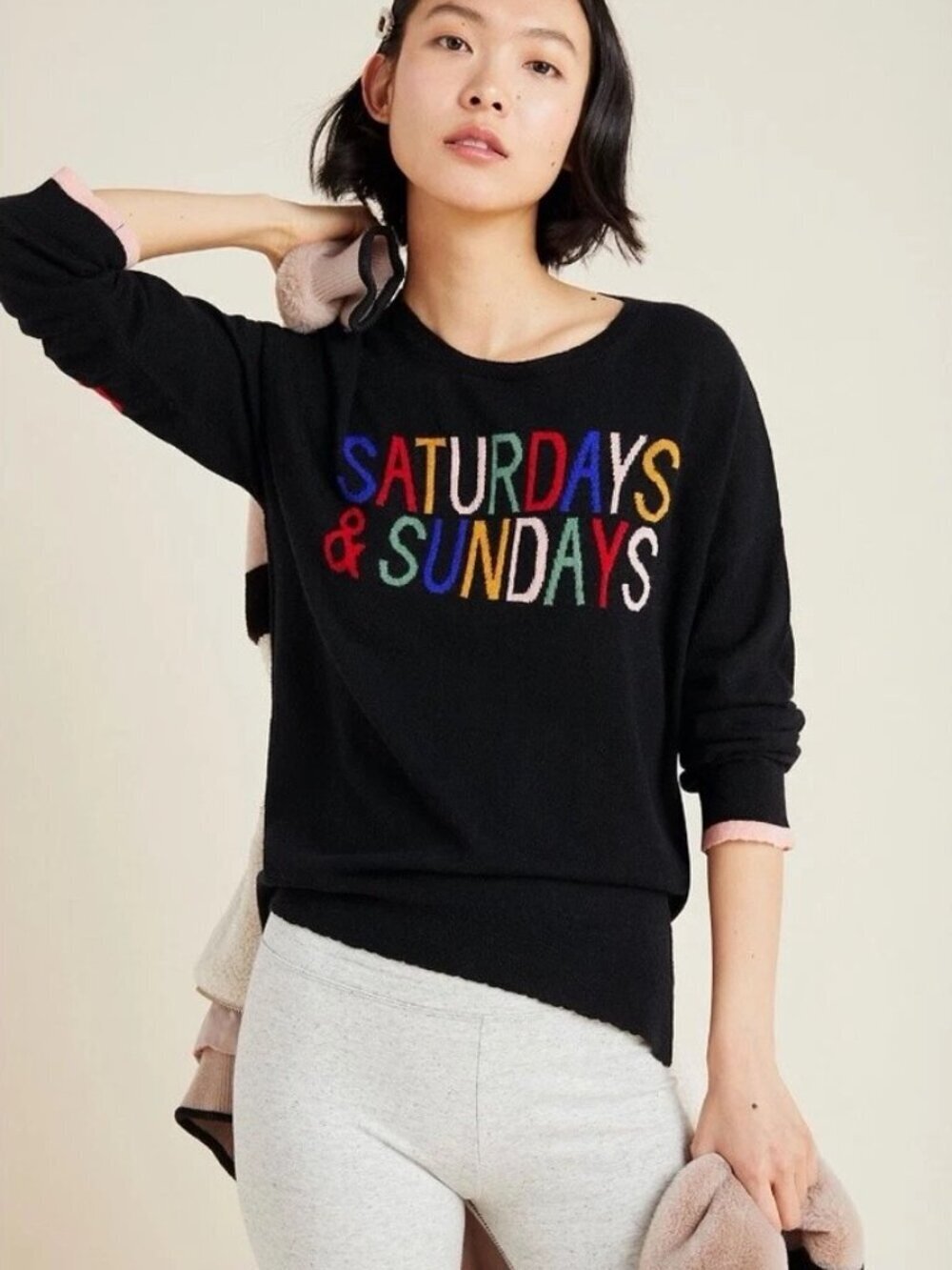 SUNDRY Black "Saturdays & Sundays" Wool Cashmere Knit Sweater, Size 1/S